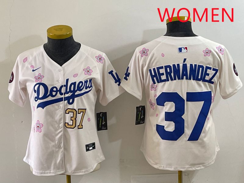 Women Los Angeles Dodgers 37 Hernandez Cream Sakura Edition 2025 Nike MLB Jersey style 34